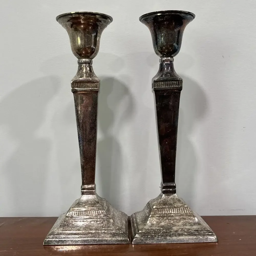POTTERY BARN Maxfield Hotel Vintage Silver Plated Candle Holders 9.5”